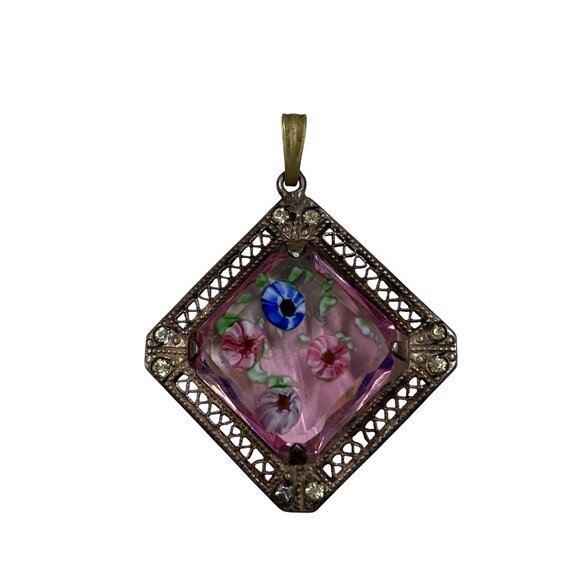 Vintage Sterling Silver Pink Glass Pendant Painted Flowers Rhinestone Filigree - Picture 1 of 8